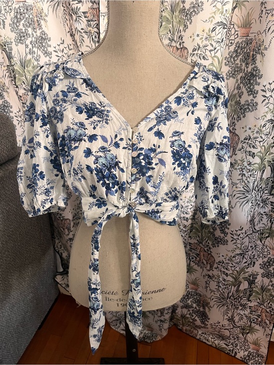 cupcakes & cashmere Tops - Cupcakes and cashmere Blue Floral Tie-Front Women's Crop Top linen blend small